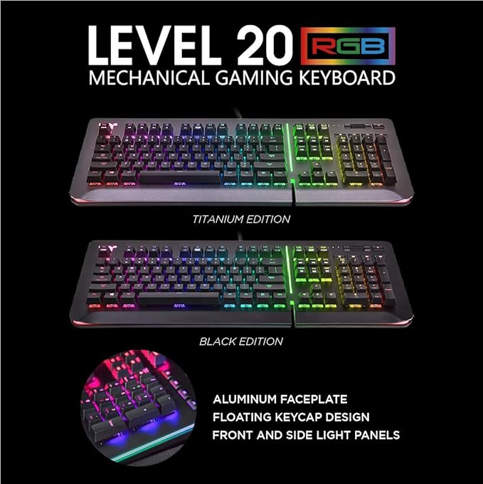 Thermaltake Level 20 RGB Titanium Aluminum Gaming Keyboard Cherry MX Blue Switches 16.8M Color RGB 32 Color Zone Options Alexa Voice Control &amp Razer Chroma Sync Compatible KB-LVT-BLSRUS-01