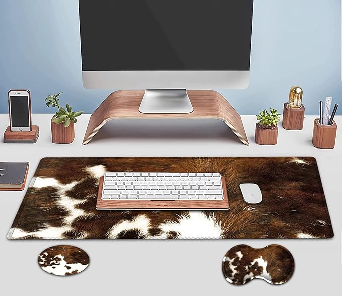 Large Mouse Pad Extended Office Desk Pad 31.5x11.8in Ergonomic Memory Foam Mouse Wrist Rest Support for Home Office Computer Writing Pad Cute Faux Brown Cowhide Fur Pattern XXL Gaming Mouse Mat