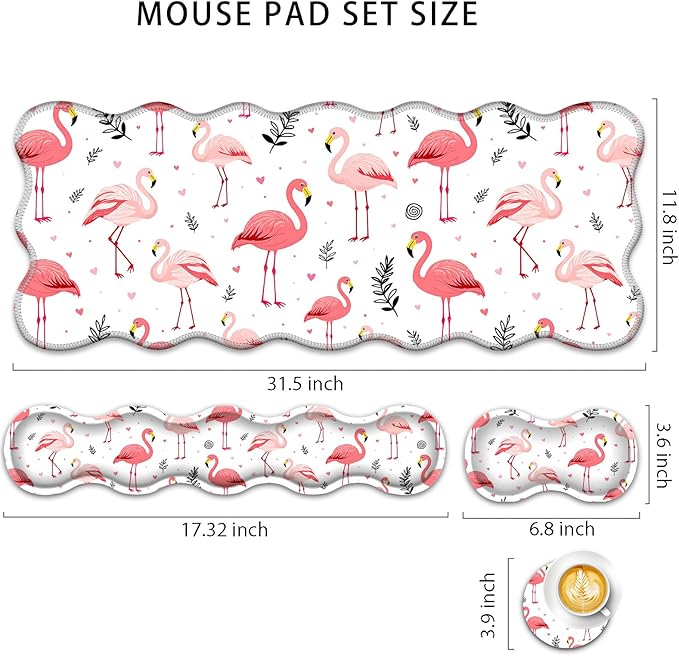 4 in 1 Desk Mat SetMouse Pad with Keyboard Wrist RestWave-Shaped DesignNon-Slip Rubber BaseWaterprooffor HomeOfficeGamingCute Flamingo