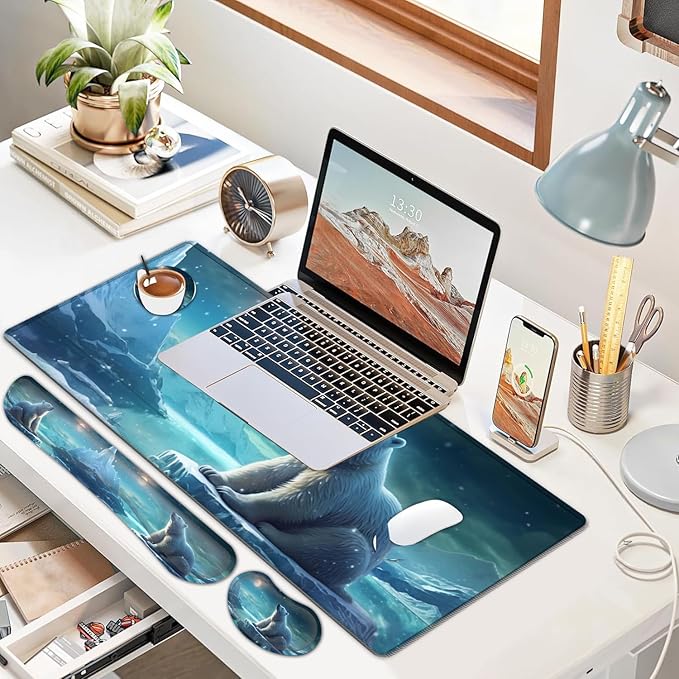 JVGFYNKL Large Gaming Mouse Pad Set Ergonomic Memory Foam Keyboard Wrist Rest Support + Mouse Wrist Rest + Extended Desk Mat with Non-Slip Rubber Base Cute Polar Bear Pattern Desk Pad