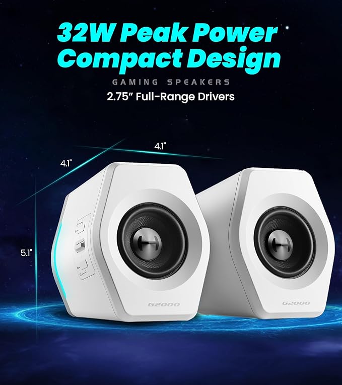 Edifier G2000 RGB Gaming Speakers 32W Peak Power Compact Design for PC/PS4/Desktop Bluetooth 5.1 3.5mm AUX Game/Movie/Music Modes 12 RGB Lighting Effects - White