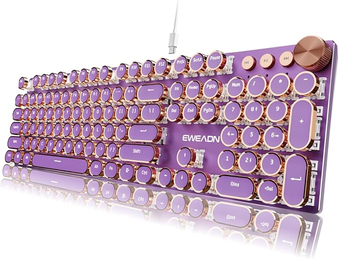 EWEADN Typewriter Style Mechanical Keyboard Wired Typewriter Keyboards104 Keys Backlit LED Metal Keyboards Media Control Knob Wired Computer Keyboard Pink Switch for Windows/Mac/PC-Purple