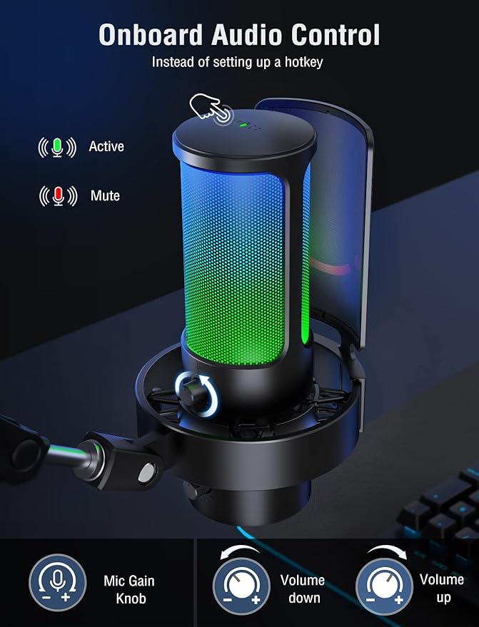 FIFINE Gaming USB Microphone PC Computer Mic with 4 Polar Patterns for Podcast Streaming Recording YouTube RGB Condenser Desktop Mic for Windows Mac with Headphone Jack-AmpliGame A8 Plus