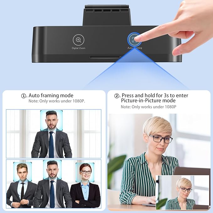 4K Webcam for PC AI Auto Framing Picture-in-Picture USB Webcam with 2x Noise Reducing Mics Auto Light Correction 5X Zoom 92°FOV Plug and Play Ideal for High-end Meeting Video Calling