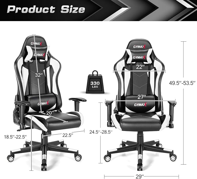 GYMAX Computer Gaming Chair Racing Style Office Chair with Adjustable Lumbar Support Headrest 360° Swivel Height Adjustable Ergonomic Reclining Gaming Chair for Home Office Leisure Room (White)