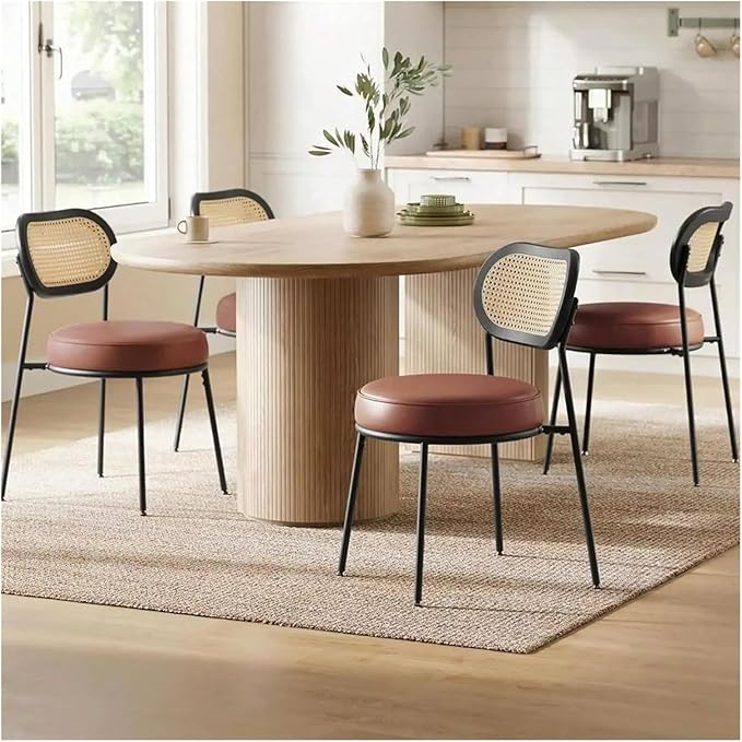 Adjustable Office Computer Chair with Armrest 1pcs Leather Upholstered Accent Dining Chairs with Woven Rattan Backrest(Ink Black)