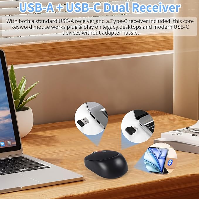 Dual Mode Wireless Bluetooth Mouse - USB-C &amp USB-A Receiver Rechargeable Silent Click for Laptop Tablet PC - Perfect for Students &amp Professionals Travel-Friendly (Black)