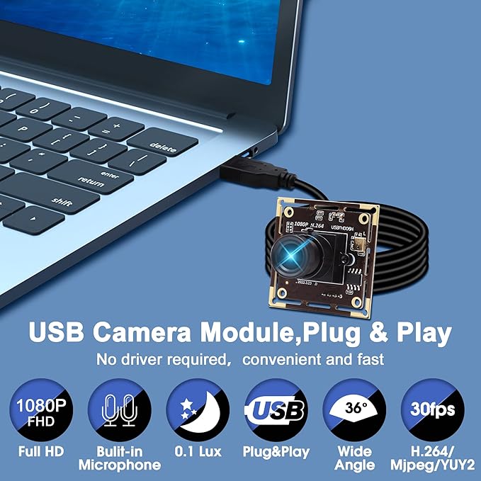 Magnolia 1080P USB Camera Module Low Light No Distortion Lightburn Camera IMX323 Sensor 84 Degree Mini Webcam Board with Microphone Plug &amp Play for Windows/Linux/Android/Mac/Raspberry Pi