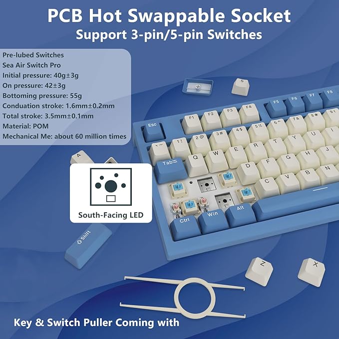 LT84 Wireless Mechanical Keyboard Hot Swappable Gaming Keyboard with TFT Smart Display&ampKnob Tri-Mode Bluetooth 5.0/2.4GHz/Type-C Wired Custom Keyboard Sea Air Switch(White-Blue)