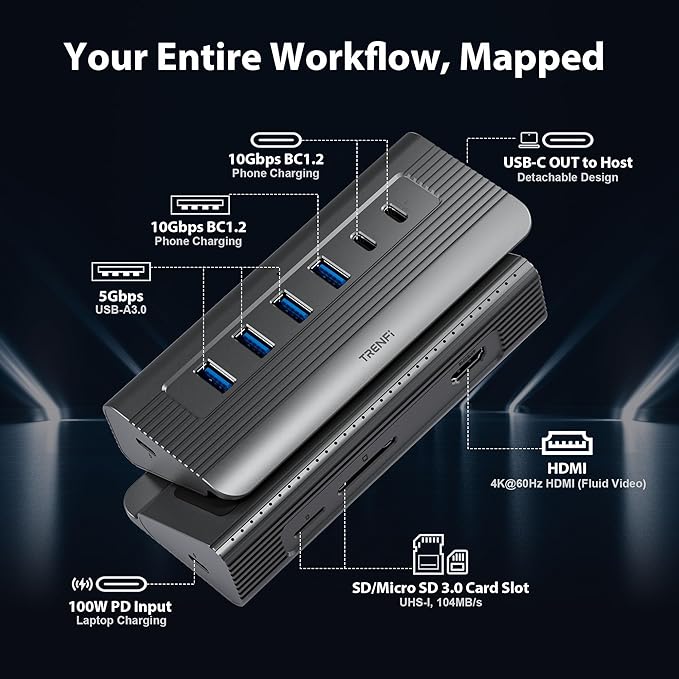 USB C Hub 10-in-1 Detachable Cable USB 3.2 Gen2 10Gbps — 4K 60Hz HDMI 100W PD SD/Micro SD — Docking Station for MacBook Pro/Air M1-M5 Windows Laptop Mac mini iPad Pro (Space Gray)