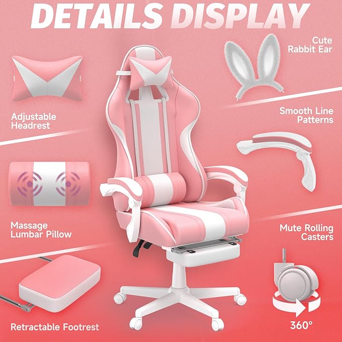 Ferghana Kawaii Pink Gaming Chair with Bunny Ears Ergonomic Cute Gamer Chair with Footrest and Massage Racing Reclining Home Computer Game Chair for Girls Adults Teens Kids