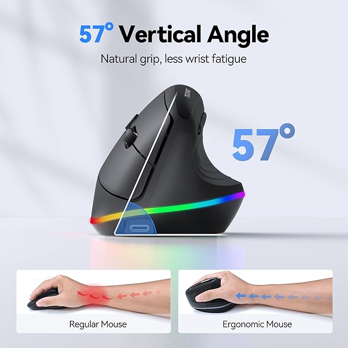 TECKNET RGB Rechargeable Wireless Ergonomic Mouse - USB+Bluetooth Multi-Device LED Vertical Mouse with 11 RGB Backlight Modes 4800 DPI Adjustable Ergo Mice for Windows and Mac Black