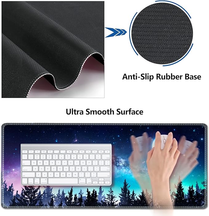 AIMSA Large Gaming Mouse Pad Set Keyboard Wrist Rest Support + Extended Mouse Pad + Mouse Wrist Cushion + Coaster Ergonomic Memory Foam Multifunctional Desk Mat 35x15.7inch (Forest Moon Sky)