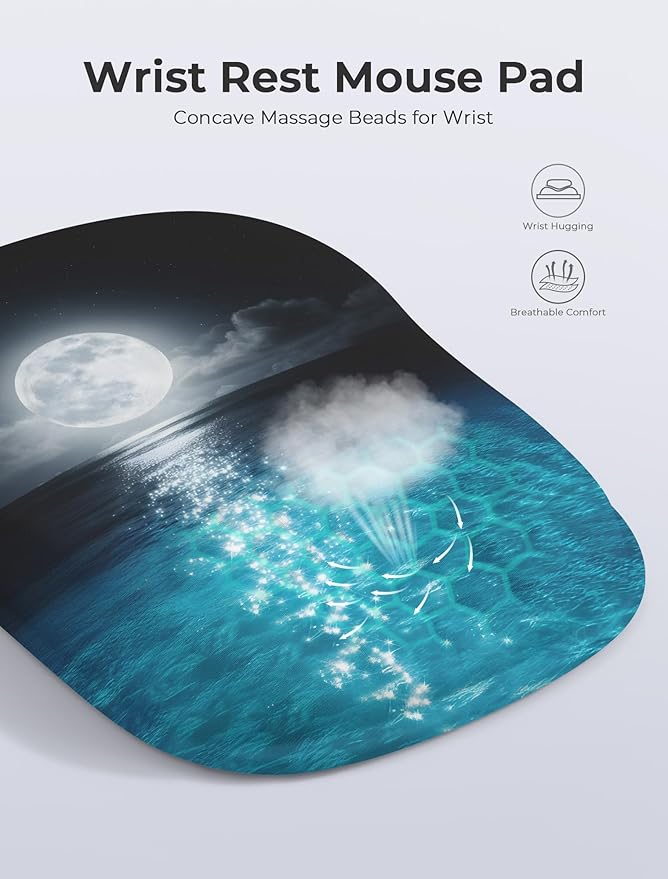 Blue Ocean and Moon Aesthetic Ergonomic Mouse Pad for Carpal Tunnel Pain Relief 65% Usable Mouse Area Memory Foam Concave Wrist Rest for Office PC Gaming