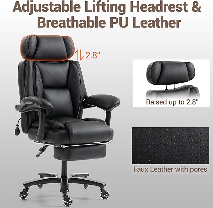 Big and Tall Office Chair for Heavy People Heavy Duty Executive Office Desk Chair with Footrest Waist Lumber Support Adjustable Headrest Black