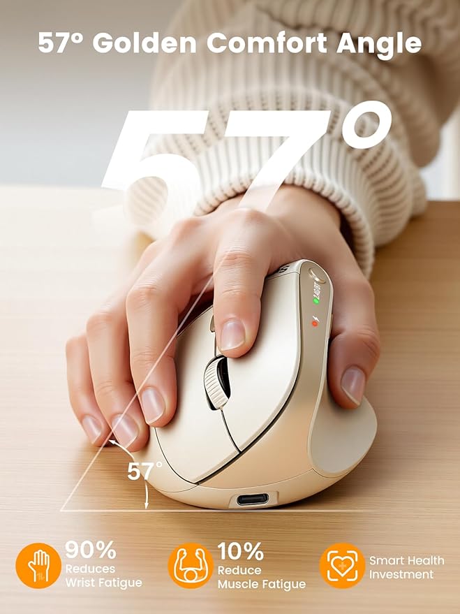 SABLUTE MAM3 Ergonomic Mouse Rechargeable Wireless Vertical Mouse with 4 Adjustable DPI for Small/Medium Hands Dual-Device Connectivity for Computer/PC/LaptopBluetooth Mouse for WindowMac OSBeige