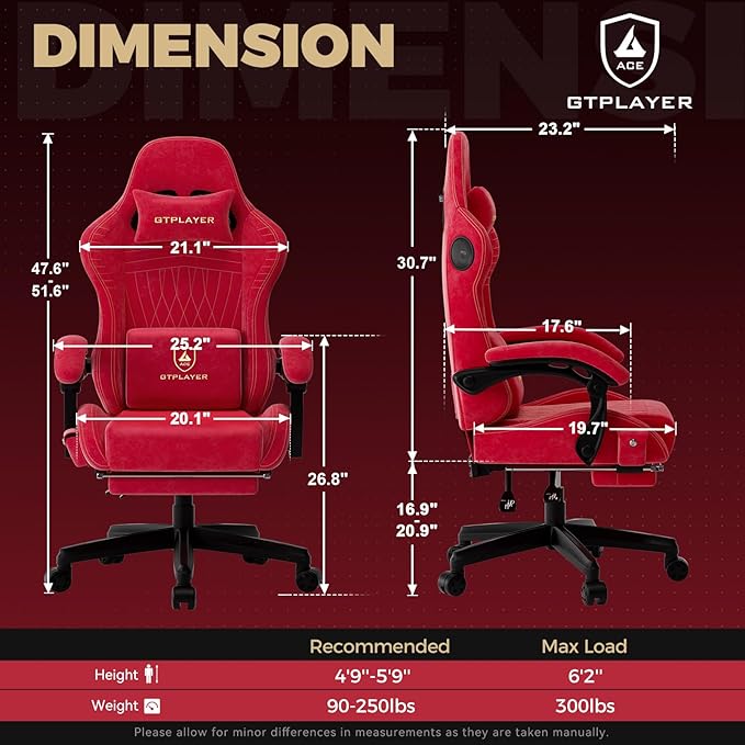 GTPLAYER ACE-PRO Music Gaming Chairs – Built-in Speakers App Support &amp Bluetooth Control Computer Game Chairs with Footrest for Adults Ergonomic Reclining Linkage Armrest Cherry Red 【Velvet】