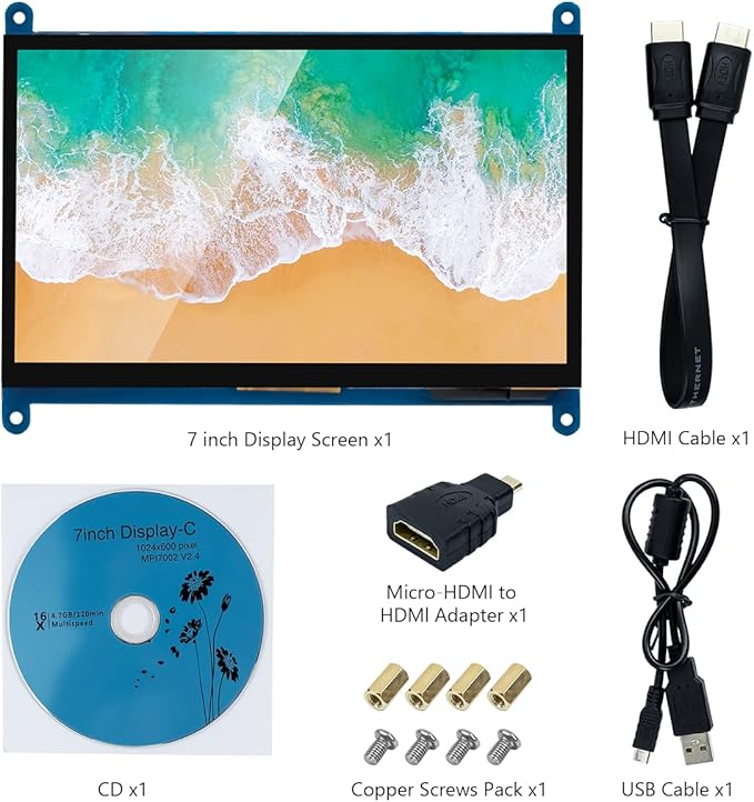 7 Inch IPS LCD Touch Screen Display Panel 1024×600 Capacitive Screen HDMI Monitor for Raspberry Pi5/Pi4/Pi3/ZERO W BB Black Windows 10 8 7