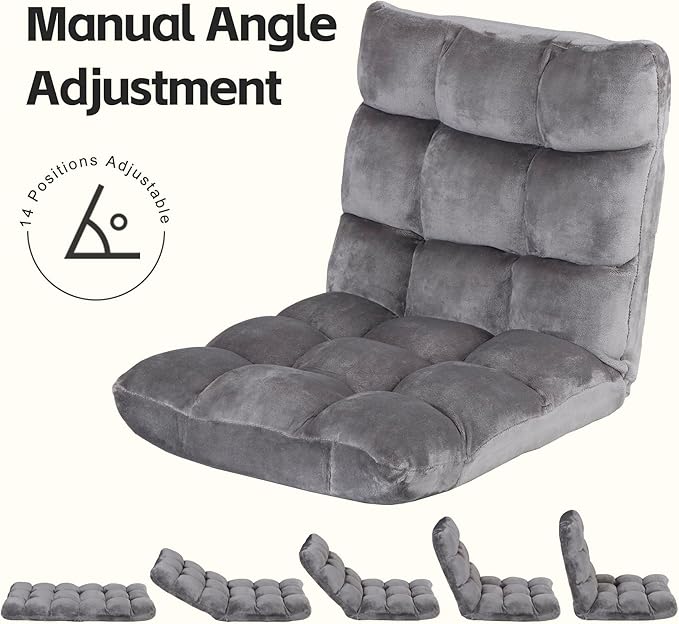 Nouva Adjustable Floor Chair 14-Position Sofa Bed Foldable Cushion Video Gaming Chairs Bean Bag Chair Reading Seating for Adults Kids Teens for Bedroom Living Room Indoor UseGrey
