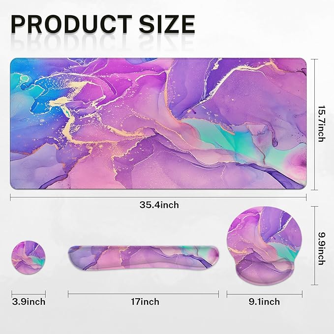 Arttown Purple Blue Marble Desk Mat Painting Golden Mouse Pad Set with Wrist Support 4-in-1 Large Mousepad+Keyboard Wrist Rest+Mouse Wrist Rest+Coaster with Ergonomic Design Non-Slip Mat