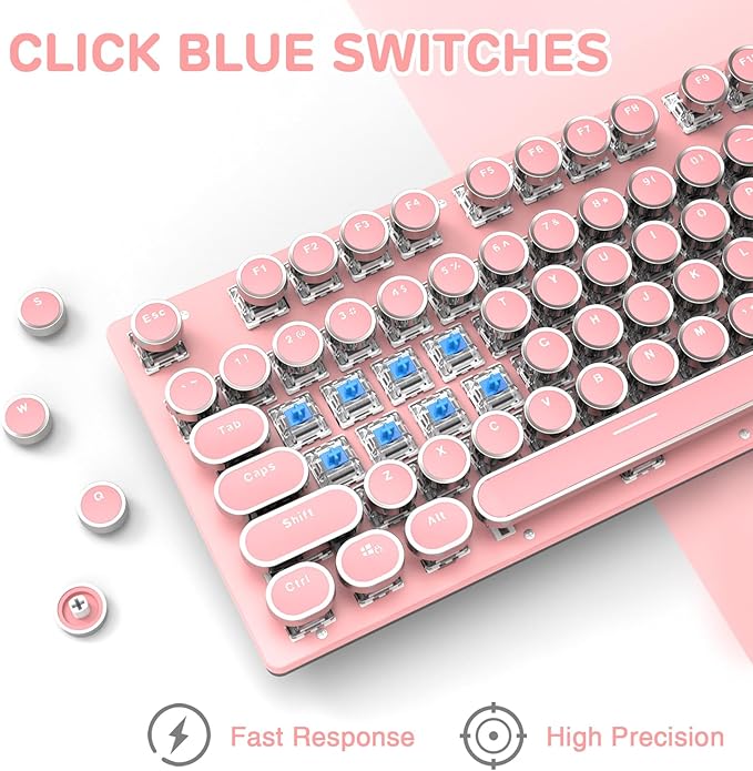 Typewriter Style Retro Wired Mechanical Gaming Keyboard Vintage Steampunk with White LED Backlit 104-Key Anti-Ghosting Blue Switch Cute Keyboard Round Keycaps Knob Control for PC/Win/Mac/Laptop