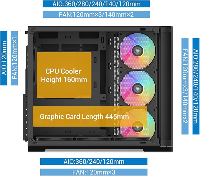 SAMA V60 Mid Tower PC Case Curved Tempered Glass Panel 7×120mm ARGB PWM Fans with Fan Hub USB Type-C High Airflow ATX PC Case for Case PC Gaming Back-Connect Ready 360mm AIO Support – Black