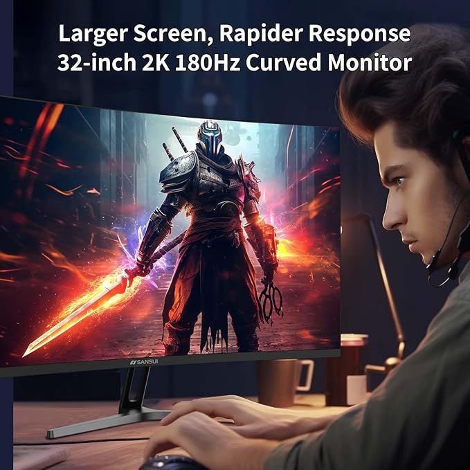 SANSUI 32-Inch Curved Gaming Monitor WQHD 2560 x 1440 180Hz Curved 1500R -Fast VA1ms(OD) HDR 300nits sRGB 125% DCI-P3 95% FreeSync HDMI x2 DP1.4x2(DP Cable Included)
