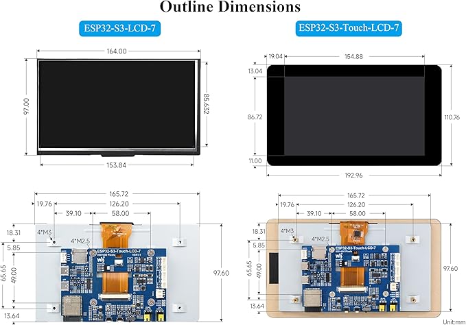ESP32-S3 7inch Display Development Board ESP32 with 800×480 Pixel IPS LCD Screen 32-bit LX7 Dual-Core Processor Up to 240MHz Frequency Support W F&amp BLE 5 (No Touch)