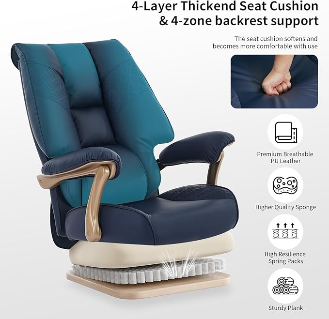 Big and Tall Executive Office Chair with Footrest 400LBS Capacity Ergonomic High-Back Desk Office Chair with Lumbar Support Padded Armrests &amp Thick Cushion Blue PU Leather Chairs