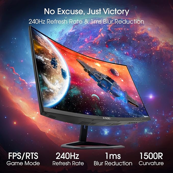 Kado Dual Gaming Monitor Setup - 2-Pack 27 240Hz 1ms Curved 1500R 1920x1080 AMD FreeSync Premium Panoramic Gaming Multi-View Split Screen Streaming VESA Mount HDMI DisplayPort Built-in Speakers