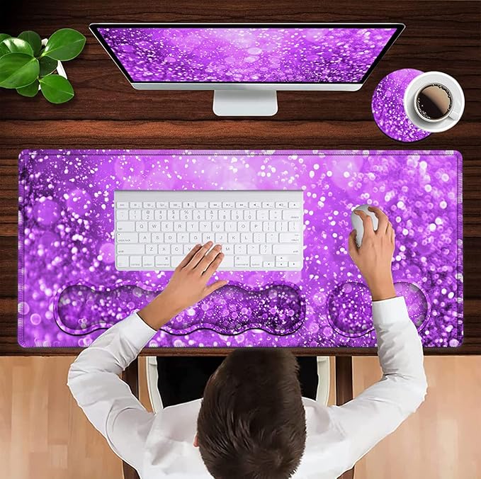 Large Gaming Mouse Pad (31.5x11.8 in) Rubber Base XXL Mousepad with Stitched Edges Ergonomic Keyboard Wrist Rest Extended Mouse Mat Desk Pad for Work Game Office Purple Mousepad
