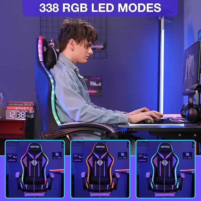 RGB Gaming Chair Massage with LED Lights Ergonomic Computer Gaming Chair with Footrest High Back Video Game Chairs with Adjustable Lumbar Support Purple and Black