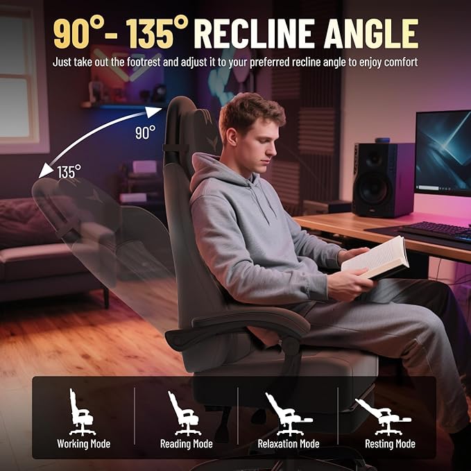 Soontrans PU Leather Gaming Chair with Pocket Spring Cushion Wide 20 Seat Ergonomic Computer Chair with Adjustable Headrest Lumbar Pillow Footrest &amp Reclining Backrest Desk Chair for Adults