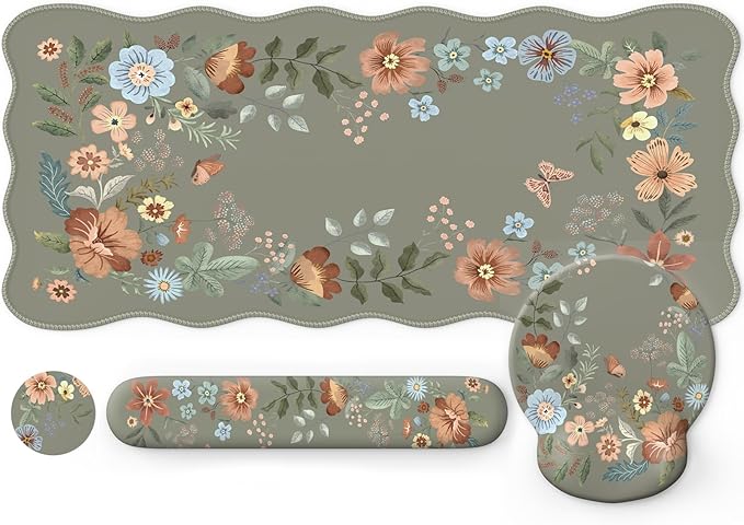 Desk Pad Mat Green Wrist Rest Support for Mouse Pad&ampKeyboard Set Scalloped Vanity mat Protector for Makeup Cute Floral Nail Mat Aesthetic Desk Protector for Women's Office Home Dorm