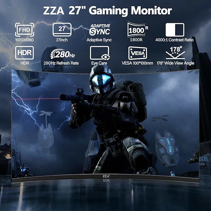 ZZA 27 Inch Curved Monitor 280Hz/240Hz FHD 1080PGaming Monitor 1800R VA ScreenMonitor 27 Inch 4000:1 120% sRGB1MsAMD FreeSyncHDRLow Blue LightHDMI DPVESA Support DP Cable Incl