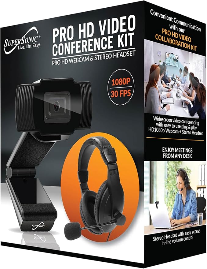 Supersonic SC-942WCH PRO HD Webcam and Stereo Headset 1080P HD Webcam Crystal Clear Audio and Video Adjustable Comfort Plug and Play Compatibility for Zoom &amp Teams in Home Office School