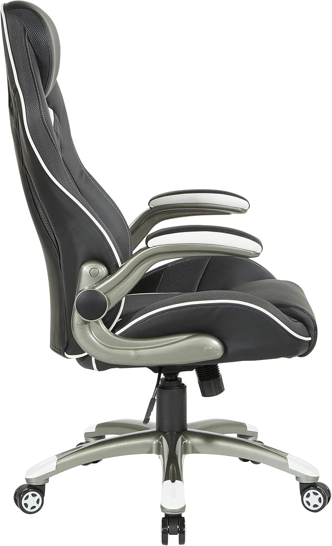 OSP Home Furnishings Xplorer 51 Ergonomic Adjustable High Back Gaming Chair with Lumbar Support and Padded Flip Arms Black Faux Leather with White Trim
