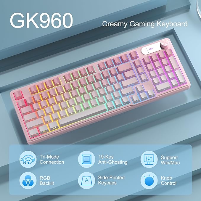 MageGee GK960 Wireless Gaming Keyboard RGB Tri-Mode Wired/BT/2.4G Creamy Keyboard with Number Pad 4000mAh Battery Knob Control Side Printed Keycaps 19-Key Anti-Ghosting for Win/Mac (Pink &amp Wh