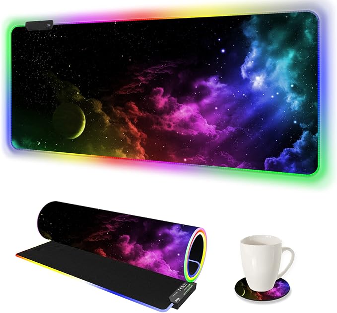 AIMSA Large RGB Gaming Mouse Pad Keyboard Mousepad Led Extended 35.4 x 15.8 inch Non-Slip Rubber Base with 14 Lighting Modes Big Desk Mat Waterproof Nebula Universe