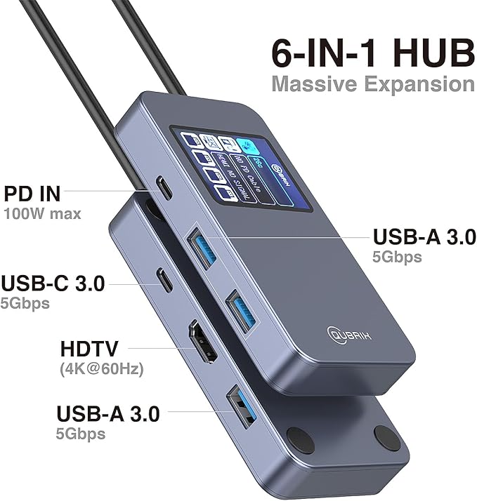 USB C Hub 6 in 1 Smart Docking Station with Screen HDTV 4K@60Hz 100W PD Fast Charging USB-C/A 5Gbps 3.0 Date Ports Travel-Friendly for Dell HP MacBook Air/Pro iPad Surface Samsung Galaxy and More.