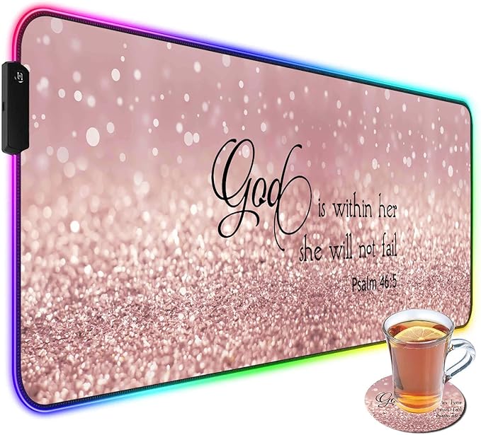 Customized RGB Gaming Mouse Pad and Coffee CoasterLarge Glowing Led Anti-Slip Rubber Base Computer Keyboard Desk Mouse Mat 31.4x11.8 InchRose Gold Glitter Quote Bible Verse Psalm 46-5