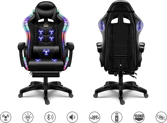 RGB Gaming Chair with Massage and Footrest Ergonomic Pro Computer Chair with LED Lights and Speakers High Back Music Video Chair with Lumbar Support and Headrest for Adult Teens. (White + Pink)