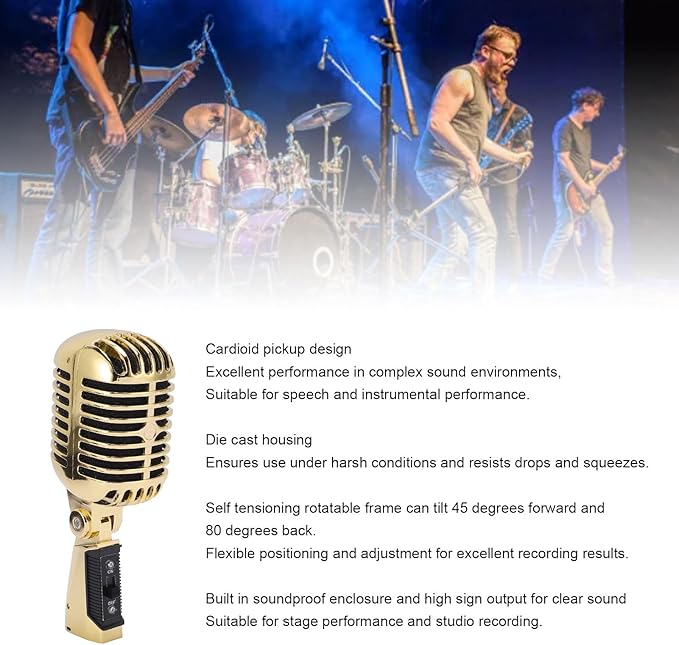 ASHATA Retro Dynamic Microphone for Podcast Recording Cardioid Pickup Mic for Vocals Noise and Vibration Damping Angle Adjustable PC Computer Mic for Singing Stage Home KTV