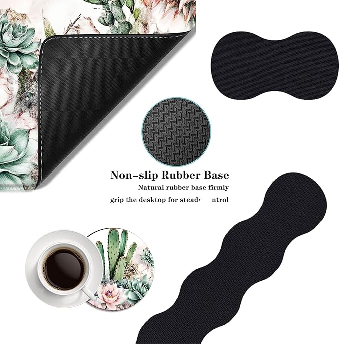 Mouse PadLarge Desk Mat Set 4in1 XL Mousepad + Keyboard Wrist Rest+Mouse Wrist Rest+Coaster with Ergonomic Desk Pad for Home Office Table Computer Cover -Cacti Succulents with Flowers