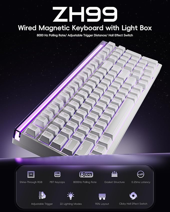 ZORNHER ZH99HE Mechanical Gaming Keyboard Full Size White Gaming Keyboard with Creamy SwitchSoft RGB Backlit Light BoxAdjustable Actuation &amp Rapid Trigger Hall Effect Technology