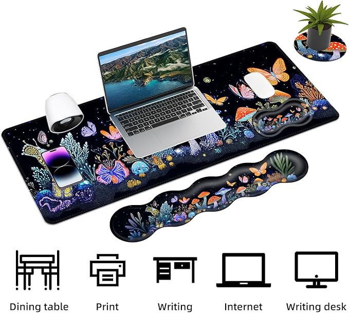Keyboard Mouse Pad Set Extended Gaming Mouse Pad+Ergonomics Keyboard Wrist Rest Support Memory Foam Easy Typing Pain Relief 4Pcs XL Ultra Thick Desk MatGlow Mushroom Butterfly