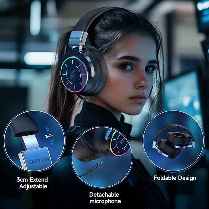 COOLV 2.4GHz Wireless Gaming Headset for PS5 PC PS4 - RGB Light Gaming Headset 60 HR Battery 7.1 Surround Sound Bluetooth 5.4 Gaming Headphones with Mic