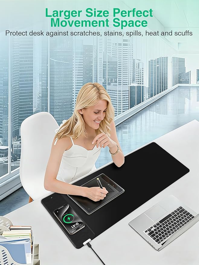 Mouse Pad with Wireless Charging Black Mousepad Long Desk Mat Large Gaming Mouse Pad Soft Mouse Pad Gaming Desk Pad with Non-Slip Rubber Base Extended Computer Keyboard Mat Office Mice Pad