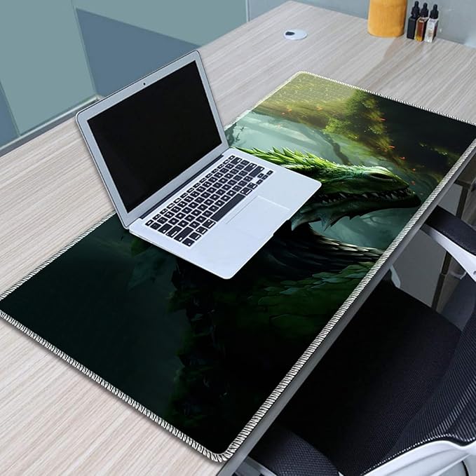 Gaming Mouse Pad Set Large Gaming Mouse Pad+Keyboard Wrist Rest+Mouse Wrist Rest+Coaster Easy Typing Pain Relief 31.5 × 11.8 inch Desk Mat for Home Office - Forest Green Dragon