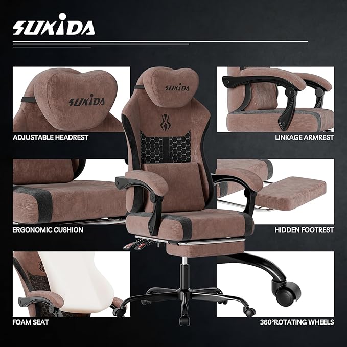 SUKIDA Ergonomic Gaming Chair — Premium Computer Video Gaming Chair with Massage Lumbar Support Adjustable Headrest &amp Footrest Plush Chenille Fabric for Office and Home UseBrown